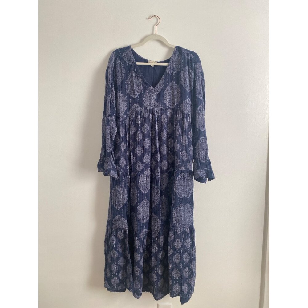 Wonderly Women’s Blue Boho Maxi Dress V-Neckline Long Sleeves & Flowy Fit Size S